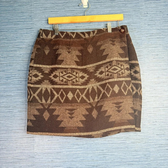 Aztec Wrap Skirt Size 16 Brown Wool Blend Short Mini - Picture 1 of 7